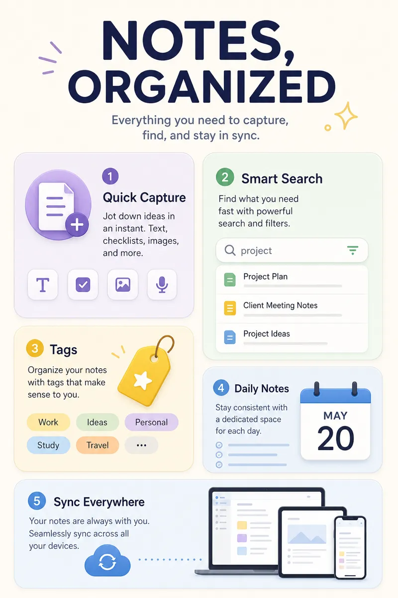 Feature overview of a note-taking app
