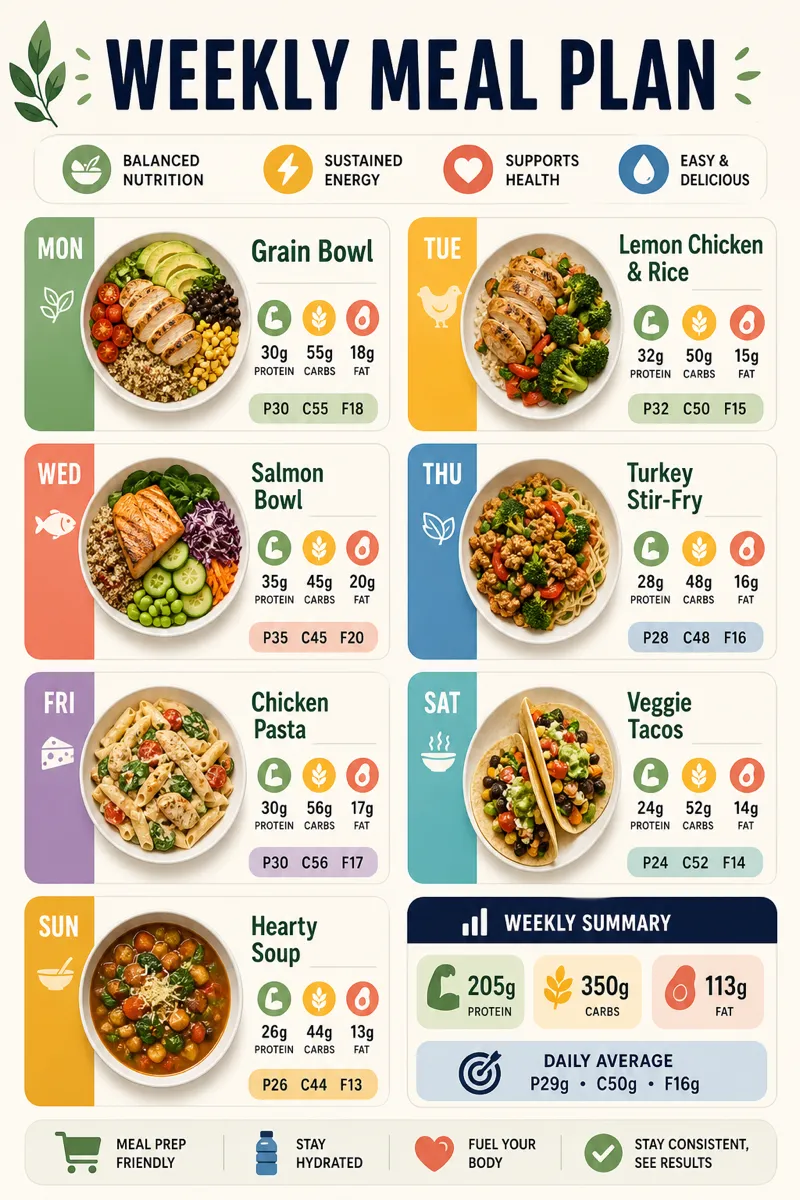 Weekly meal plan with macros per day