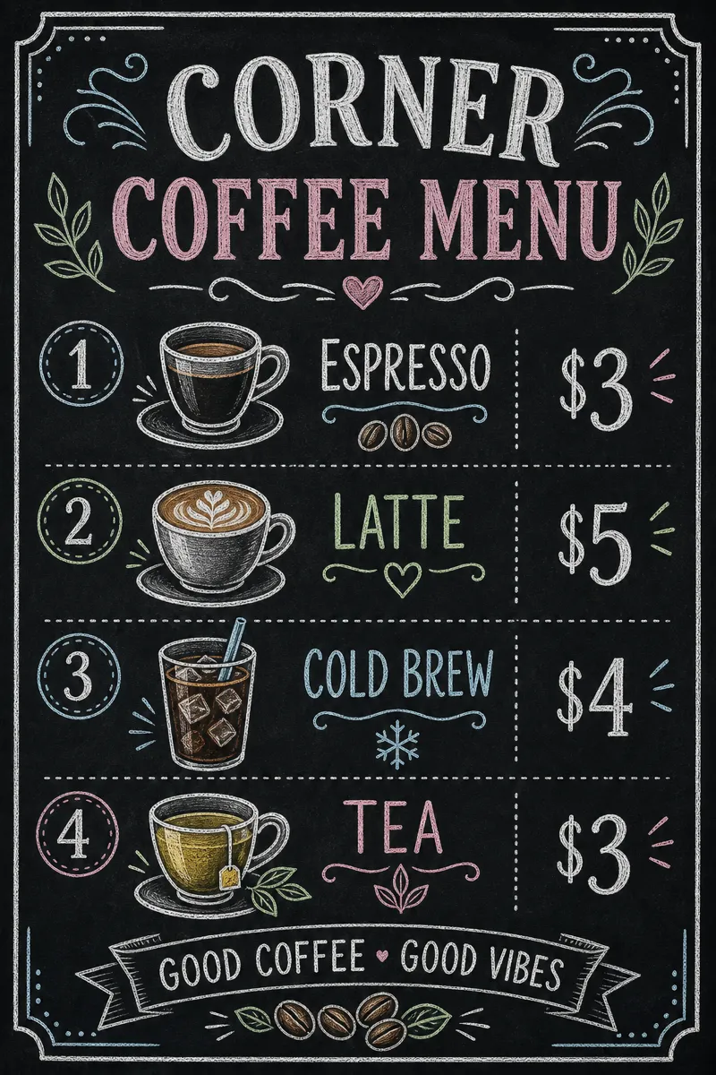 Coffee-shop menu with prices and daily special
