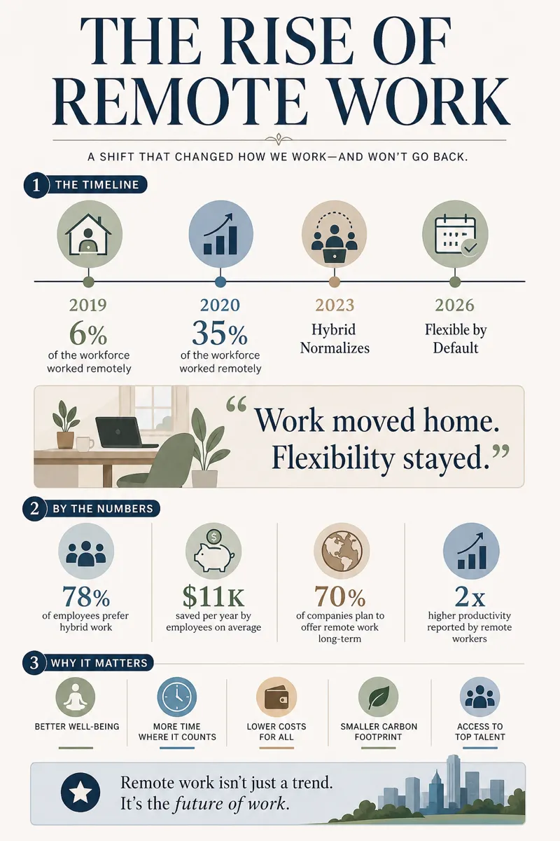 The rise of remote work, 2019 to 2026, with pull quotes