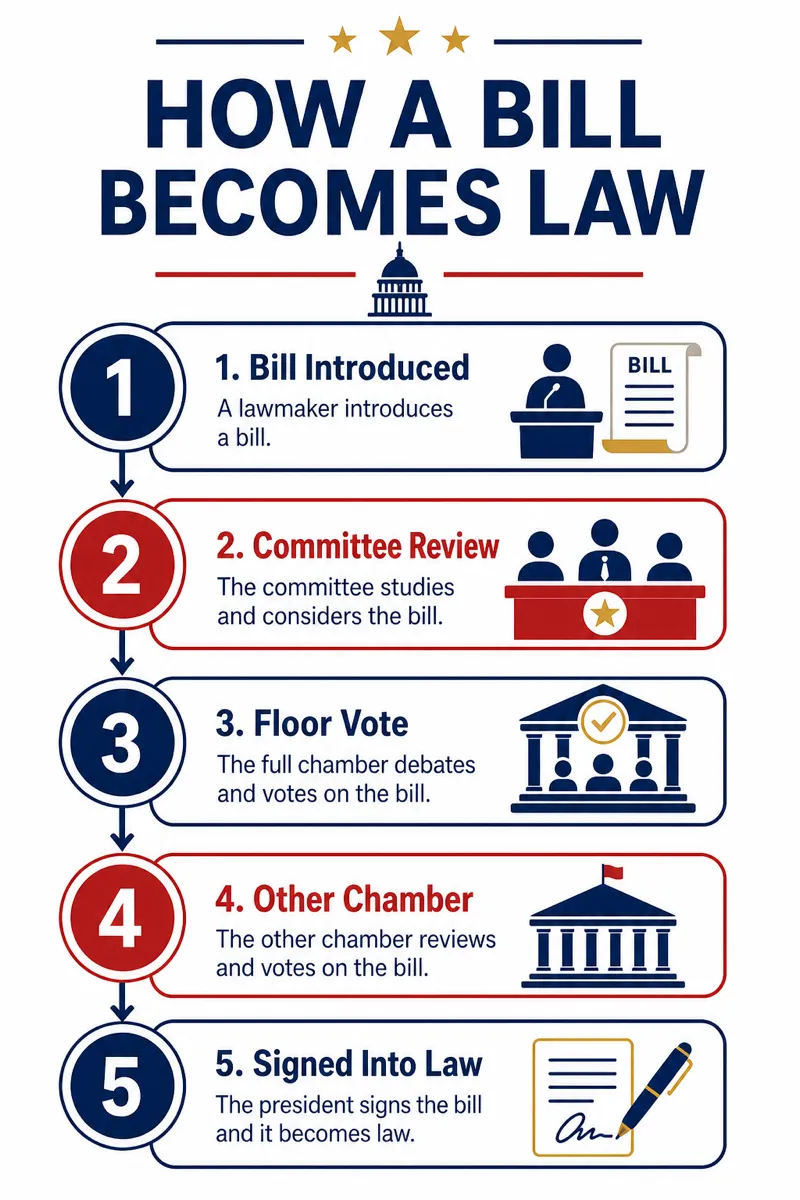 How a bill becomes law, 5 steps with one icon each