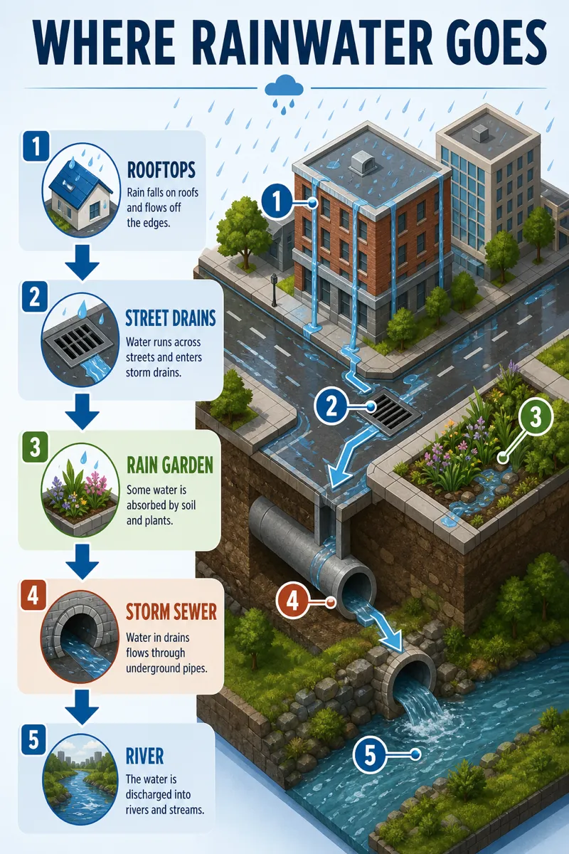 A city block showing where rainwater goes