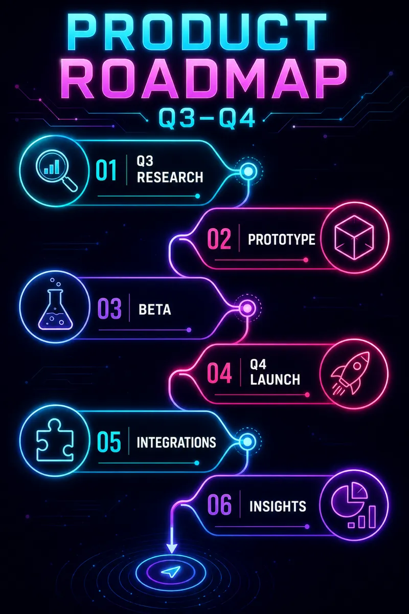 Product roadmap Q3 to Q4 as a glowing network map