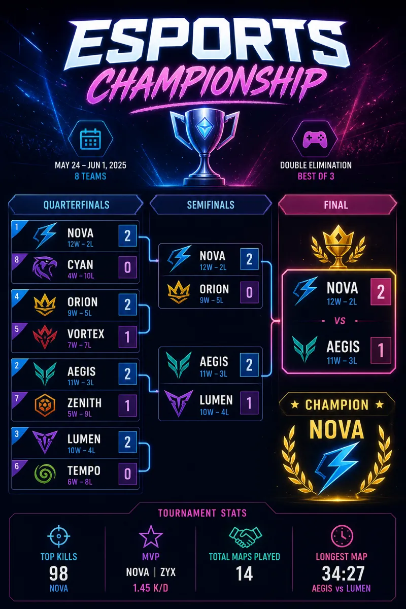 Esports tournament bracket with team stats