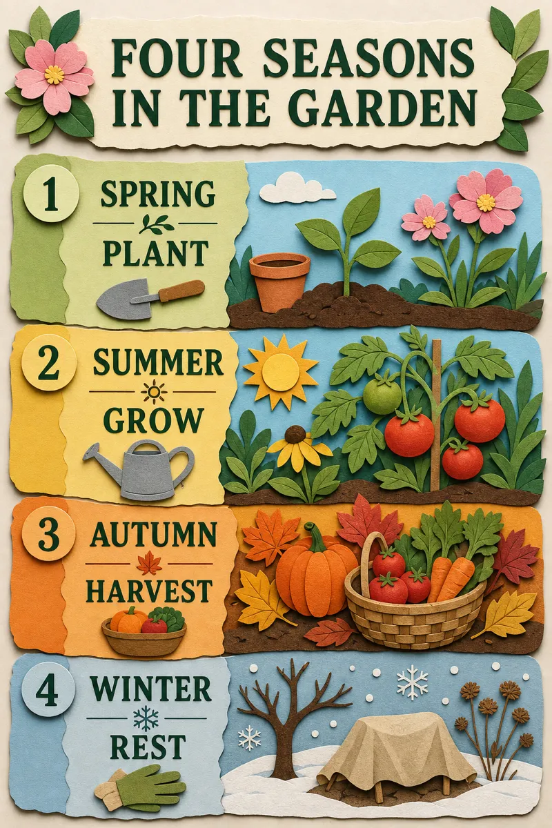 Four seasons of a community garden, layered scenes