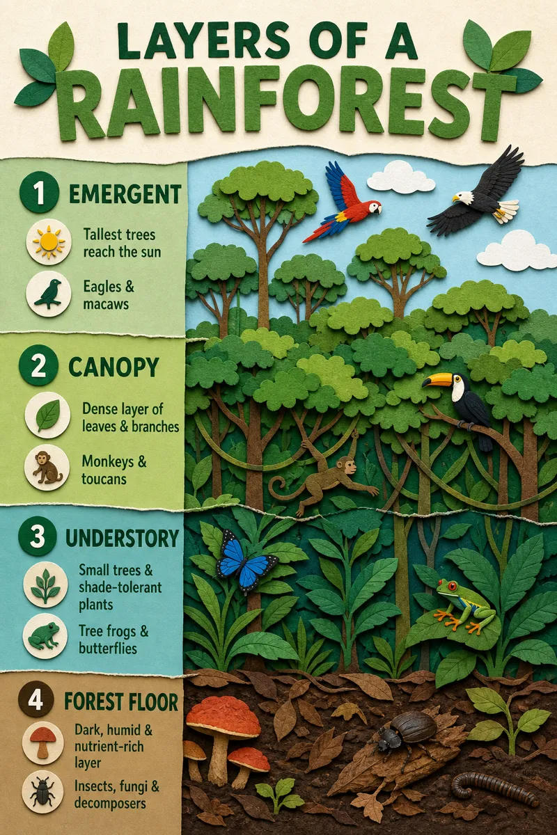 The layers of a rainforest from floor to canopy
