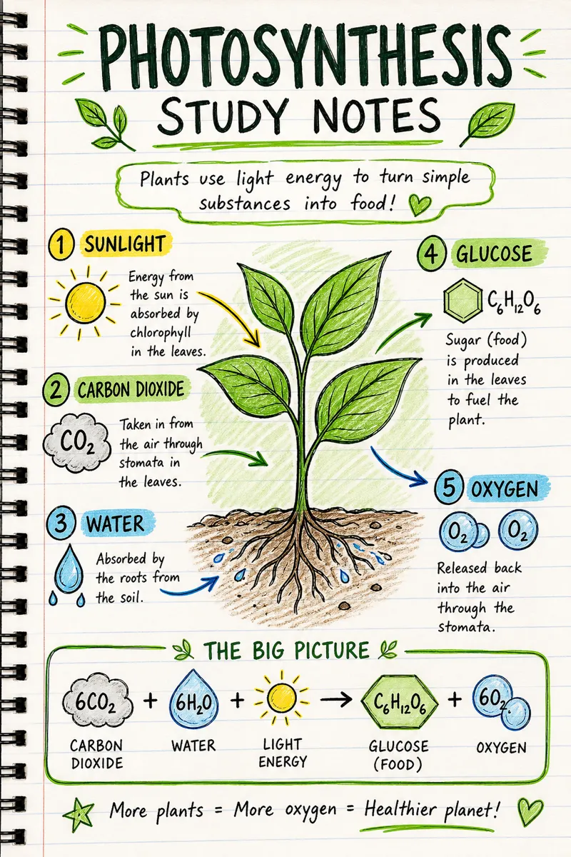Study notes on photosynthesis with doodle icons