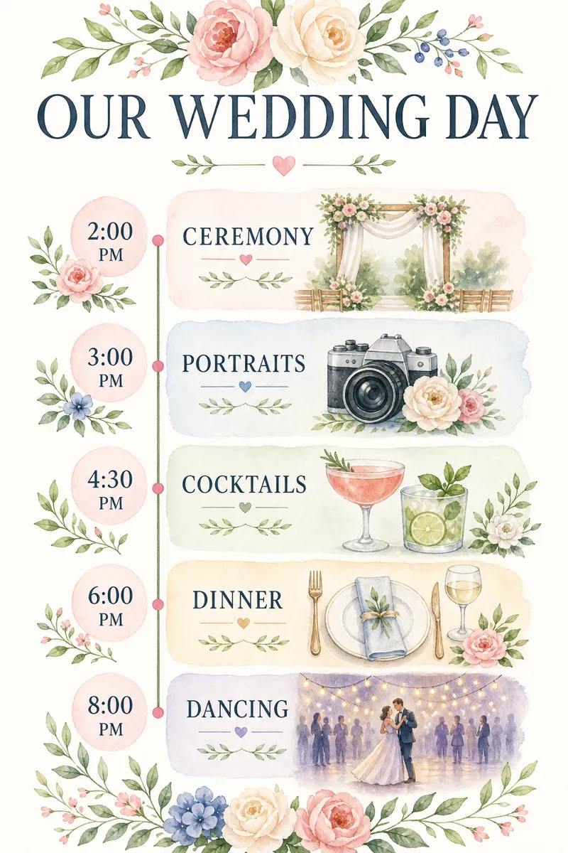 Wedding-day timeline from morning to last dance