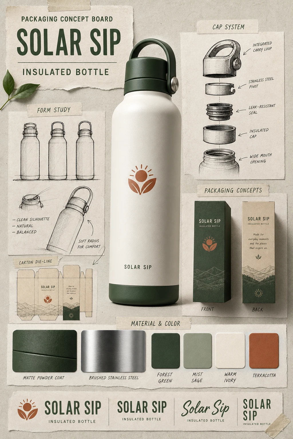 Present one hero product with packaging sketches, structure details, typography trials, materials, colors, and design notes.