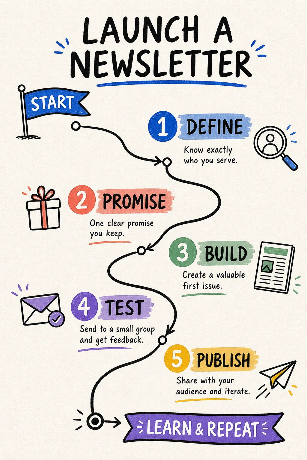 Explain a process with numbered steps, useful icons, and a clear start-to-finish path.