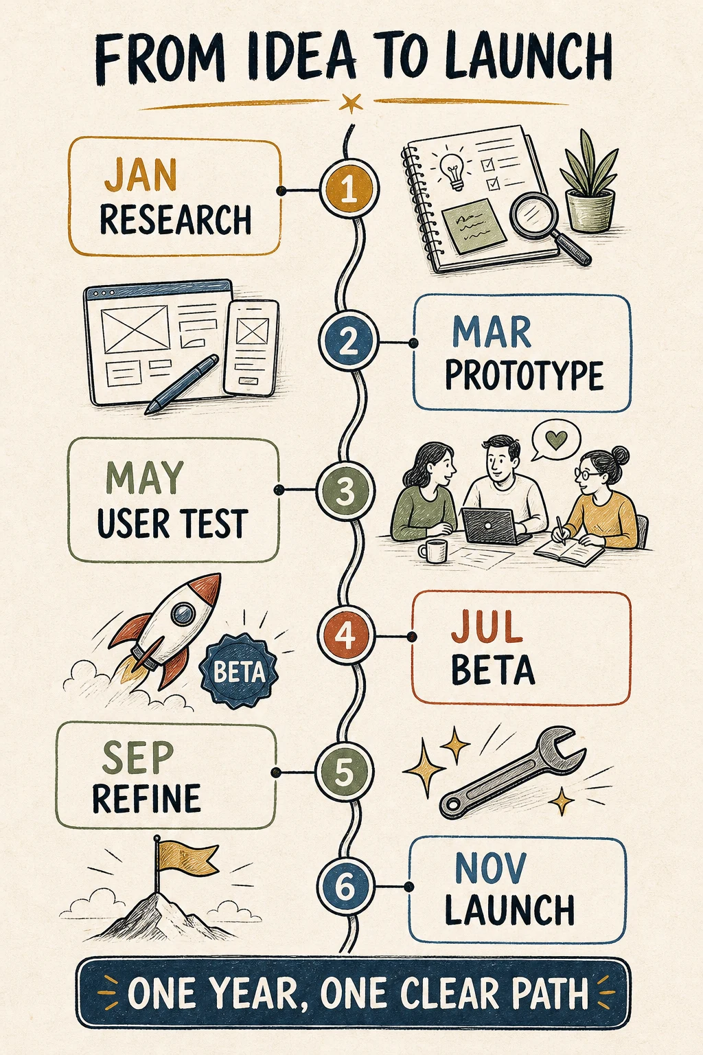 Arrange milestones along a flowing timeline and pair each event with its outcome.